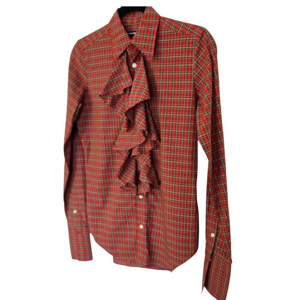 Ralph Lauren Sport Plaid Ruffle Tie Neck Blouse Cotton Sz 2 - Picture 2 of 6